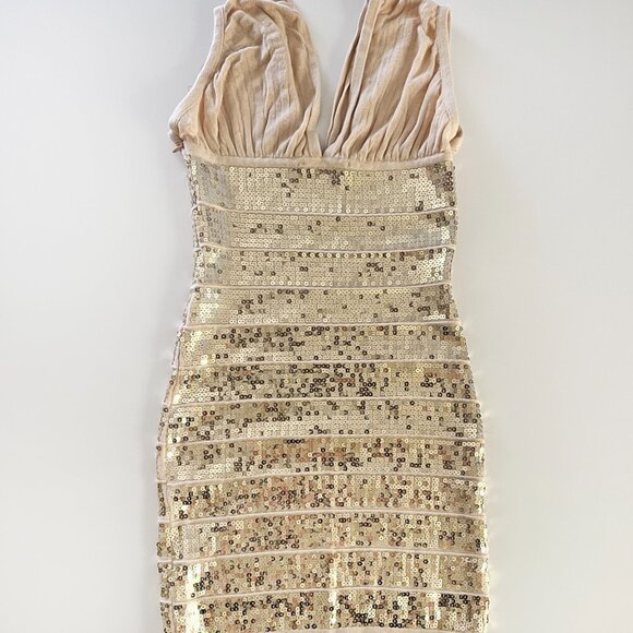 Arden B. Gold sequin beige stretchy knit bodycon dress SM - Picture 2 of 7